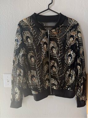 SHEIN Black Bomber Jacket with Gold Sequin Peacock Design